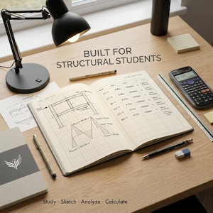 May include: An open notebook featuring structural engineering diagrams and a data table with the text BUILT FOR STRUCTURAL STUDENTS. The notebook is surrounded by a black desk lamp, a scientific calculator, a triangular scale ruler, pens, and an eraser.