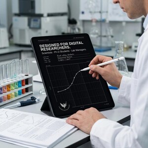 Könnte beinhalten: Ein schwarzes Tablet mit einer Grafik und dem Text DESIGNED FOR DIGITAL RESEARCHERS. Scientists Ph.D Students Lab Managers. Ein weißer Eingabestift wird gegen den Bildschirm gehalten. Das Tablet befindet sich in einem Labor mit Reagenzgläsern.