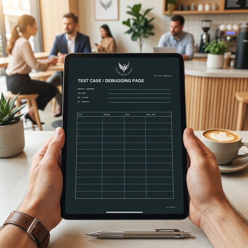 May include: A tablet displaying a dark-themed Test Case / Debugging Page template with a grid for tracking test steps, expected results, and actual outcomes. The screen features the Falcon Digital Studio logo at the top and a clean, professional layout.
