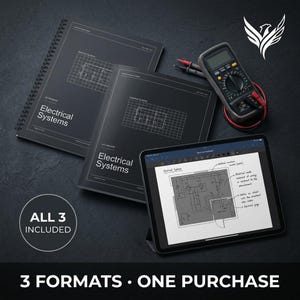 May include: Two black notebooks titled Electrical Systems with grid diagrams, a digital tablet displaying a complex electrical circuit schematic with handwritten notes, and a handheld digital multimeter with red and black test leads.