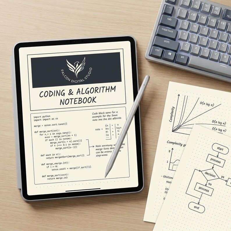 K&ouml;nnte beinhalten: Ein Tablet mit einem Coding & Algorithm Notebook, dem Falcon Digital Studio Logo, Python-Code-Snippets und mathematischen Notizen. Ein silberner Eingabestift liegt auf dem Bildschirm neben einer Tastatur und Bl&auml;ttern mit Komplexit&auml;tsdiagrammen.