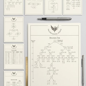 Puede incluir: Una colección de fichas educativas de color blanco roto con diagramas de informática, incluyendo árboles de recursión, mapas de estructuras de datos y tablas de casos de prueba. Las fichas muestran el logo de Falcon Digital Studio junto a dos bolígrafos y una regla de madera.