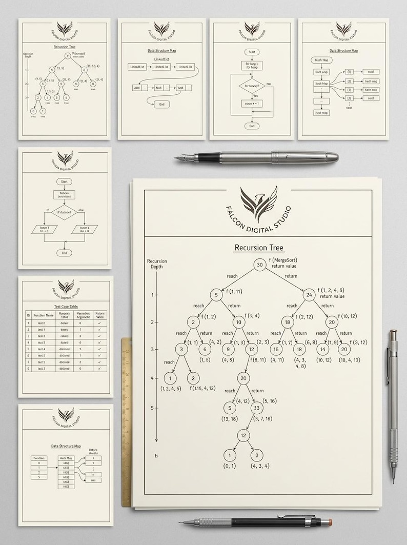 K&ouml;nnte beinhalten: Eine Sammlung cremefarbener Lehrtafeln mit Informatikdiagrammen, darunter Rekursionsb&auml;ume, Datenstrukturkarten und Testfalltabellen. Die Tafeln zeigen das Logo von Falcon Digital Studio und werden von zwei Stiften und einem Holzlineal begleitet.