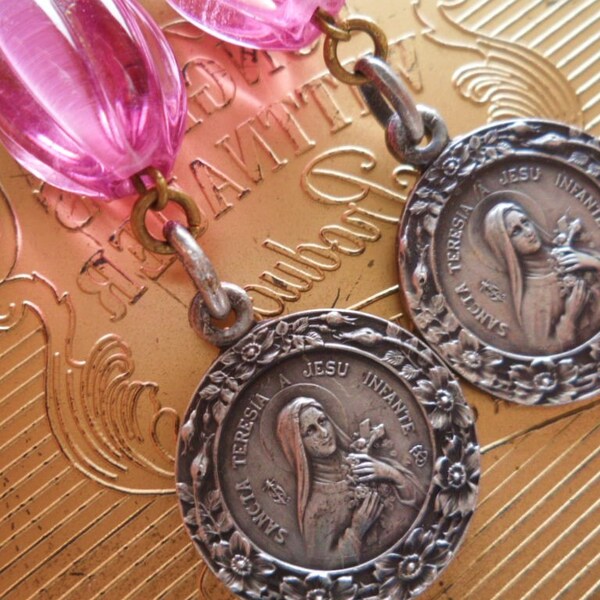 Pink Glass Earrings St. Therese of Lisieux French Medal Vintage Repurposed Assemblage Religious Catholic Jewelry Sterling
