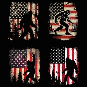 Bigfoot USA Flag PNG Bundle, Vintage Patriotic Sasquatch Design, American Wilderness Graphic, Retro Sublimation Clipart