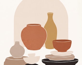 Terracotta Ceramic Still Life Wall Art, Mediterranean Kitchen Print, Organic Modern Horizontal Poster