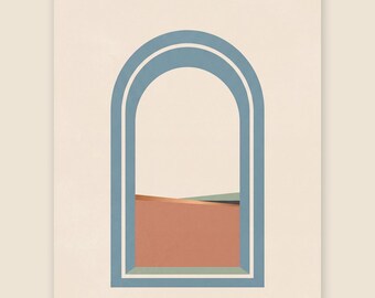 Arched Window Print, Blue Arch Wall Art, Minimalist Poster, Terracotta Hills View