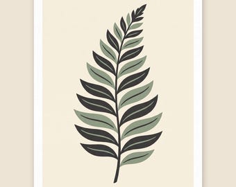 Fern Leaf Botanical Print, Sage Green Minimalist Wall Art, Calm Nature Poster