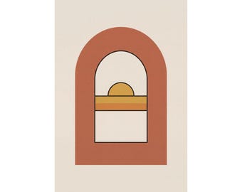 Terracotta Arch Sunrise Wall Art Print, Warm Minimalist Organic Modern Poster, Boho Living Room Decor