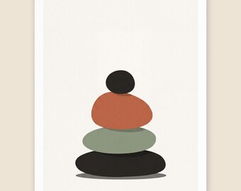 Zen Stacked Stones Print, Warm Minimalist Wall Art, Sage Terracotta Decor