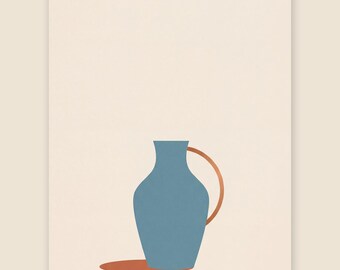 Blue Ceramic Jug Print, Mediterranean Still Life Wall Art, Slate Blue Poster