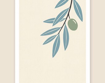 Blue Olive Branch Print, Dusty Sage Botanical Wall Art, Calm Bedroom Decor