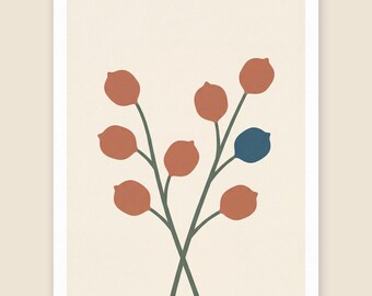 Seed Pod Botanical Print, Minimalist Branch Wall Art, Terracotta Blue Poster