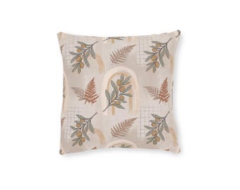 Warm Linen Olive Pillow Cover, Terracotta Botanical Throw Pillow, Neutral Decor