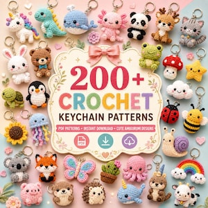 Op de afbeelding: Een verzameling van diverse gehaakte amigurumi sleutelhangers rondom een centraal bord met de tekst 200+ CROCHET KEYCHAIN PATTERNS, PDF PATTERNS, INSTANT DOWNLOAD, CUTE AMIGURUMI DESIGNS, met dieren, planten en vormen in vele kleuren.