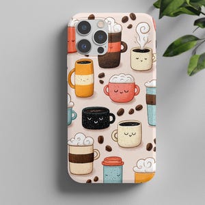 Cute Coffee Mugs Phone Case, Kawaii Espresso & Latte Art Pattern, Cozy Coffee Bean Aesthetic Gift for iPhone Samsung Phone Coffee Lover Gift