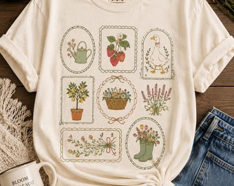 Wunderschönes gemustertes T-Shirt | Vintage Pflanzen, Gießkanne, Erdbeeren