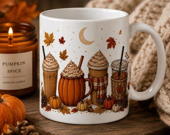 Tazza da Pumpkin Spice Latte / Tazza da caffè autunnale, foglie autunnali e bevande accoglienti