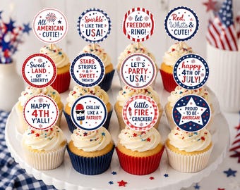 Printable 4th of July Cupcake Toppers | Patriotic Cupcake Picks | Red White & Blue Party Decorations | Instant Download PDF