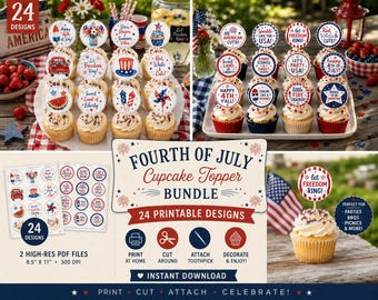 Fourth of July Cupcake Toppers Bundle | 24 Patriotic Designs (Digital Download)
