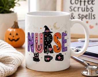 Tazza da infermiera di Halloween / Cappello da strega, gatto nero, tazza in ceramica dai colori caramella