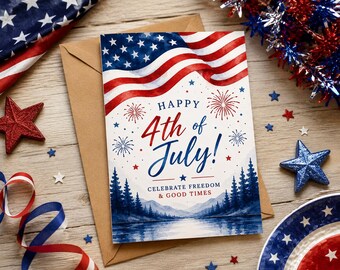Biglietto di auguri stampabile per il 4 luglio con acquerelli / Auguri patriottici per il Giorno dell'Indipendenza (Download digitale)