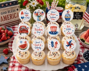 Patriotic 4th of July Cupcake Toppers | Red White Blue Watercolor Picks (Digital Download)