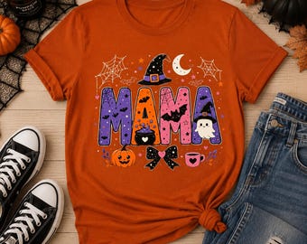 Maglietta Bella Canvas Mama con scritta di Halloween / Cappello da strega, fantasmi, zucche, design spettrale