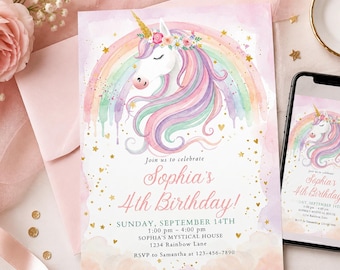 Unicorn Birthday Invitation Template | Pastel Rainbow Watercolor Party Invite (Digital Download)
