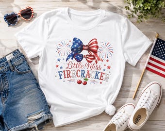 Little Miss Firecracker Patriotic Girl Shirt, Red White Blue Kids Tee