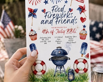 Invito per barbecue del 4 luglio, modello modificabile su Canva, invito per festa estiva patriottica, invito per cibo, fuochi d'artificio e amici