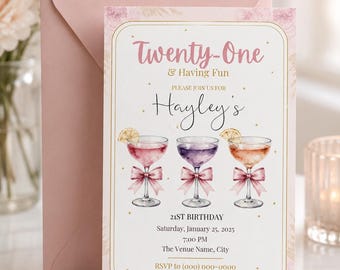 Sjabloon uitnodiging 21e verjaardag | Roze aquarelcocktails (digitale download)