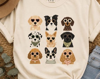 Lekfulla hundansikten T-shirt | Nio tecknade hundporträtt, krämfärgad T-shirt