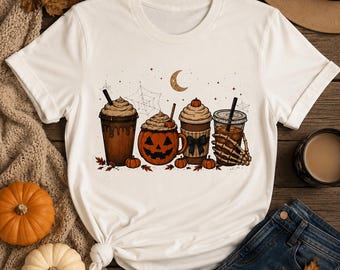 Bella Canvas Pumpkin Spice Latte Lineup T-Shirt | Halloween Coffee Illustration