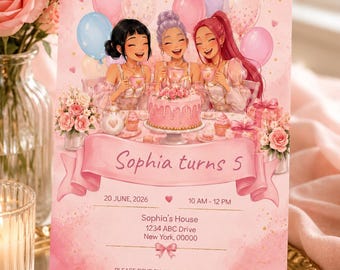 Invito di compleanno per una festa a tema tè rosa / KPOP Demon Hunters / Anime Girls Party Template (Download digitale)