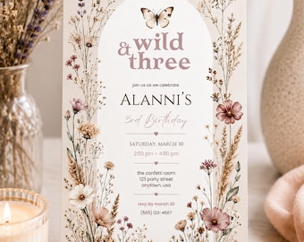 Invito di compleanno "Wild Three" / Modello boho con farfalle e fiori selvatici (Download digitale)