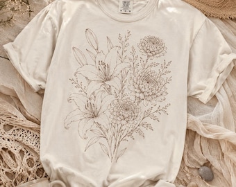 Oktoberlilja Krysantemum Födelseblomma T-shirt | Minimalistisk botanisk komfortfärger T-shirt