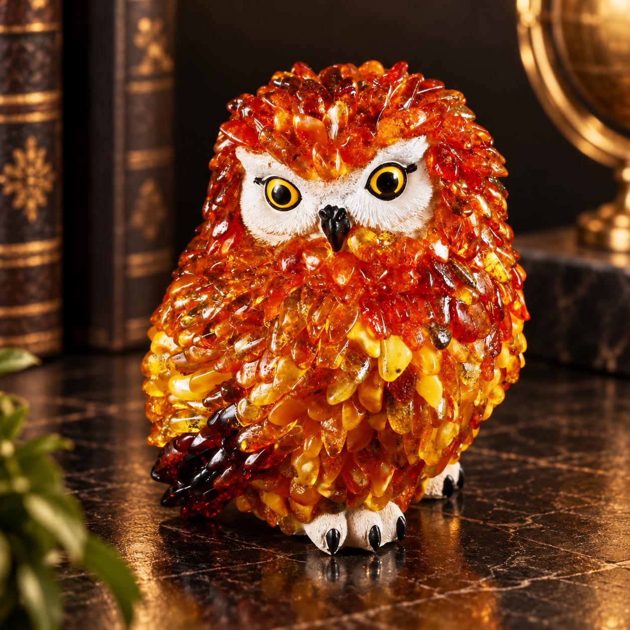 Large Baltic Amber Owl Figurine, Wisdom Symbol Decor, Collectible Amber Art