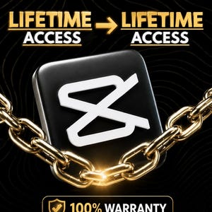 May include: A black square icon with a white stylised scissors logo, encircled by a thick gold chain. Above the icon, the text reads LIFETIME ACCESS with an arrow pointing to a duplicate. Below, a gold-bordered box contains 100% WARRANTY.