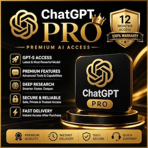 Może przedstawiać: Czarno-złota reklama graficzna ChatGPT PRO z tekstem ChatGPT PRO, Premium AI Access, GPT-5 Access, Premium Features, Deep Research, Secure & Reliable, Fast Delivery, 12 Months Access, 100% Warranty, Premium Quality, Instant Delivery, 100% Secure oraz Quick Support.