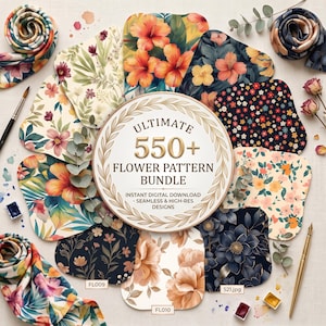 Könnte beinhalten: Eine digitale Sammlung von über 550 Blumenmustern mit verschiedenen floralen Designs in Orange-, Blau-, Creme- und dunklen Tönen. Das zentrale kreisförmige Etikett trägt die Aufschrift ULTIMATE 550+ FLOWER PATTERN BUNDLE INSTANT DIGITAL DOWNLOAD - SEAMLESS & HIGH-RES DESIGNS.