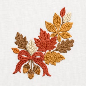 May include: An embroidery design featuring a cluster of autumn leaves in shades of orange, gold, brown, and cream. The arrangement includes a prominent red bow tied at the base, with three hanging acorns suspended from the centre of the bow knot.