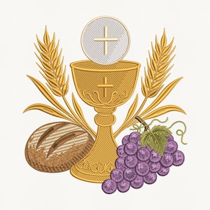 Op de afbeelding: Een geborduurd ontwerp met een centrale gouden kelk met een kruis, bekroond door een witte ronde hostie met een kruis. De kelk wordt geflankeerd door twee gouden korenaren, een bruin brood aan de linkerkant en paarse druiven aan de rechterkant.