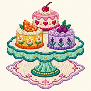 May include: An embroidered design featuring three small cakes on a scalloped teal cake stand. The top cake is pink with a cherry, the left is yellow with an orange slice and daisies, and the right is purple with blueberries and lavender.