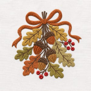 Op de afbeelding: Een geborduurd ontwerp met een bos eikenbladeren in tinten geel, groen en oranje, gecombineerd met bruine eikels en kleine rode bessen. Het geheel is aan de bovenkant samengebonden met een decoratieve oranje strik.