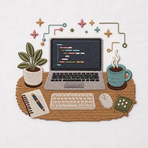 Könnte beinhalten: Ein Stickdesign mit einem Laptop, der Code anzeigt, einer Topfpflanze, einer dampfenden Tasse, einem Notizbuch mit Stift, einer Tastatur, einer Maus und einem kleinen Tastenfeld auf einer braunen Schreibtischunterlage. Dekorative Sterne und Linien.