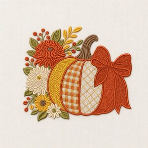 Patchwork Pumpkin Embroidery Design, Cottagecore Floral Bow Autumn Harvest Decor (Digital File)
