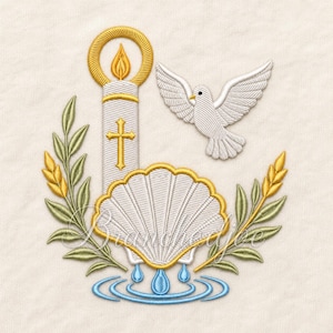 May include: An embroidery design featuring a white candle with a gold flame and cross, a white dove in flight, a scalloped shell, and green wheat stalks. Below the shell are blue water droplets and concentric ripples on a cream fabric background.