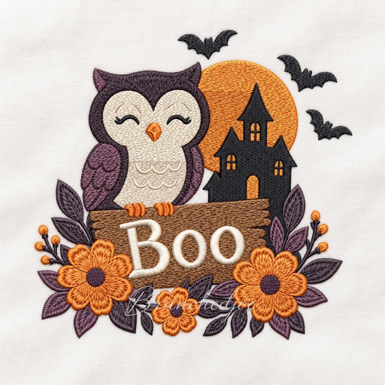 Halloween Owl Embroidery Design, Spooky Boo Haunted House Art (Digital File)