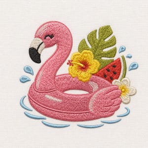 May include: An embroidered design featuring a pink flamingo pool float surrounded by blue water splashes. The flamingo is accented with a yellow hibiscus flower, a green monstera leaf, a slice of watermelon, and a small white plumeria flower.